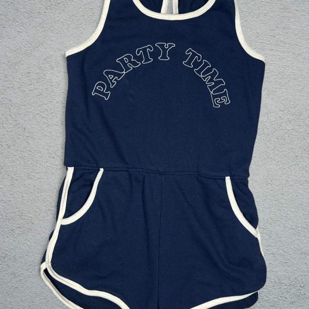 Junk Food Party Time Romper Navy Blue White Trim Vintage Style Small